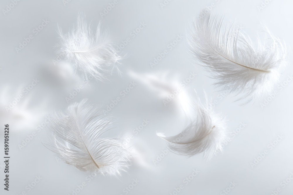 Fototapeta premium Floating White Feathers On Light Gray Background