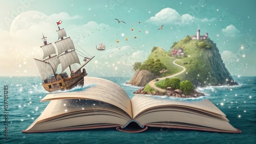 An open book reveals a magical maritime adventure with a sailing ship and enchanted island
