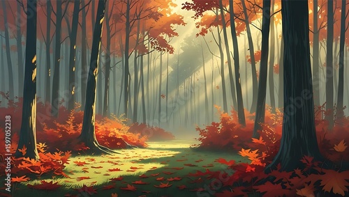 Autumn forest scene with tall trees, fallen leaves, and sunlight streaming through the branches, creating a warm, peaceful atmosphere.