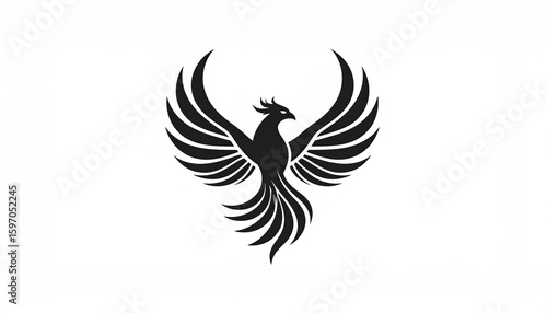A stylized black silhouette of a phoenix bird with outstretched wings, displayed on a white background.