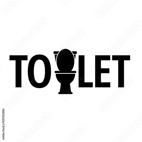 Toilet lettering with toilet bowl icon in the middle, black on white