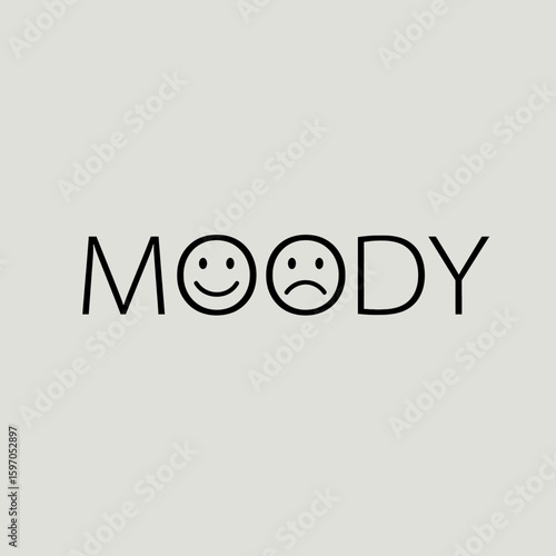 Mood swings illustrated by happy and sad emoticons in the word moody