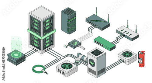 Isometric illustration of a server room setup with various networking and cooling equipment shown clearly