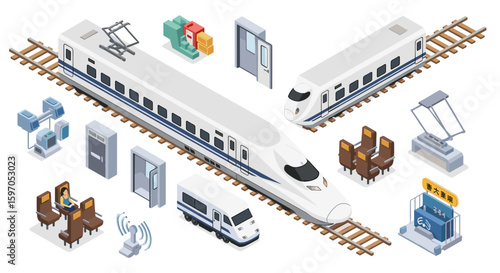 Isometric illustration showcasing a high speed train with interior elements and railroad tracks present