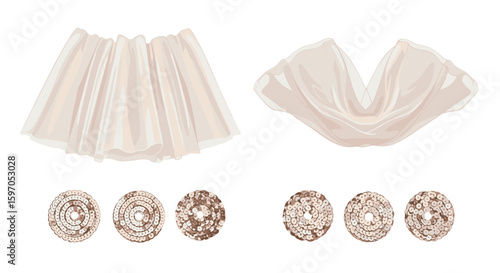 Arrangement of semi sheer white fabric and oval shaped sequined embellishments on a white background