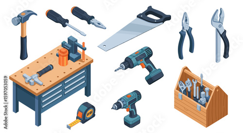 Isometric view of a workbench with tools including a hammer, drills, pliers, and a toolbox arrangement