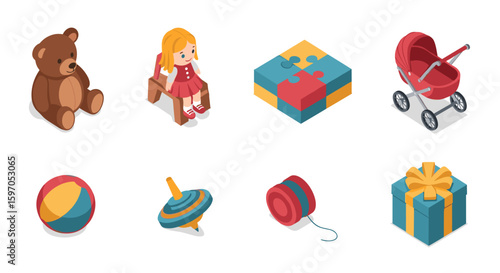 Isometric illustration of a teddy bear doll building blocks stroller ball top yo yo and a gift box set