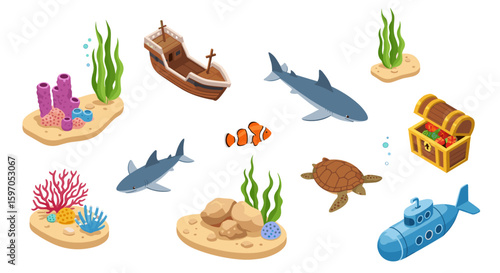 Isometric underwater scene featuring a shipwreck, sharks, turtle, submarine, and treasure chest filled with gold