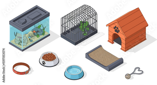 Isometric view of pet supplies including an aquarium cage dog house and bowls of food and water