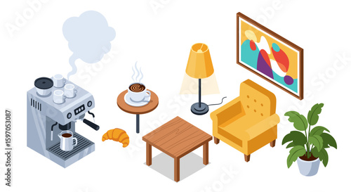 Isometric view of a cozy living room with coffee machine armchair and houseplant in a bright setting