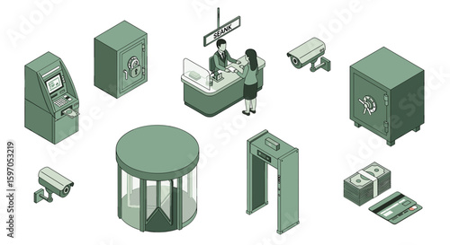 Isometric bank interior with atm safe security cameras revolving door metal detector and teller service