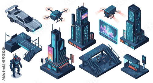 Isometric futuristic city scene featuring buildings drones car pedestrian bridges and a robotic character