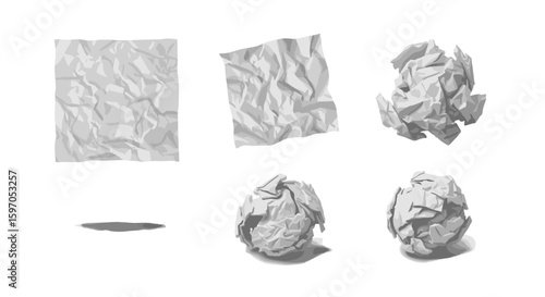 Illustration showing various stages of crumpled paper from flat sheet to a tight ball of paper