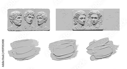 Two bas relief panels and three paint swatches on a white background in a grayscale image format
