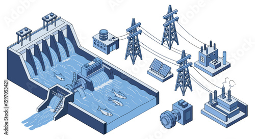 Isometric view of a hydroelectric dam with power lines and solar panels generating electricity flow