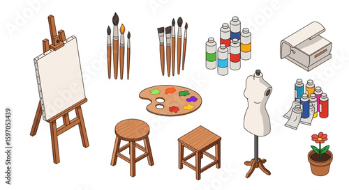 Isometric art studio scene featuring easel, paints, brushes, mannequin, and other art supplies setup nicely