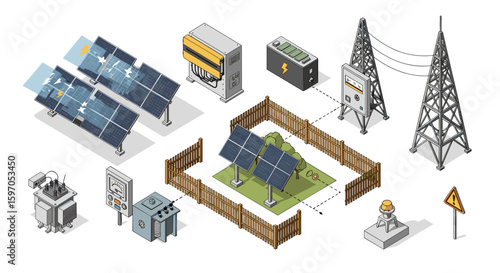 Isometric view of solar panel installation with energy storage and power transmission towers shown