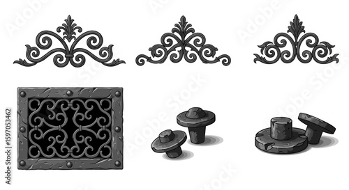Illustration of decorative metalwork, a stone framed grate, and various metal fasteners in grayscale