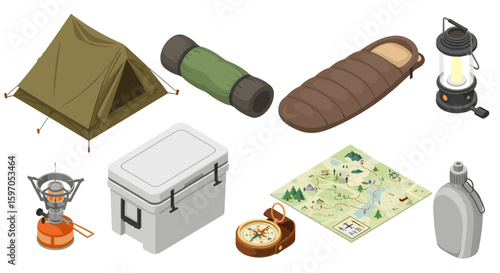Isometric view of camping equipment including tent sleeping bag cooler and other outdoor essentials shown