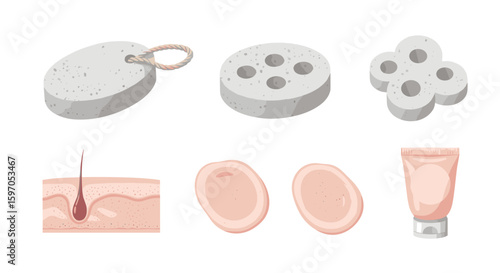 Assortment of pumice stones skin section and soap bars with a tube of lotion on a white background