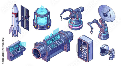 Isometric space exploration elements including a rocket satellite and futuristic equipment design set