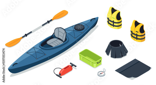Isometric view of a blue kayak with paddle life vests pump and accessories on a white background scene