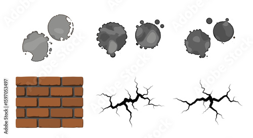 Illustration showing gray splatter, a brick wall, and two crack designs on a white background surface
