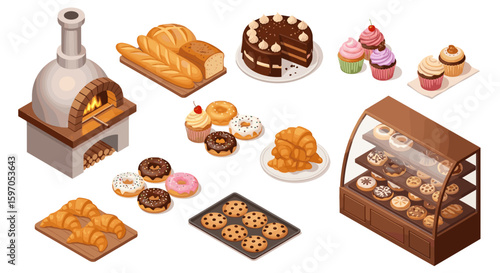 Isometric view of a bakery with oven breads cakes cupcakes donuts croissants and display case filled goods