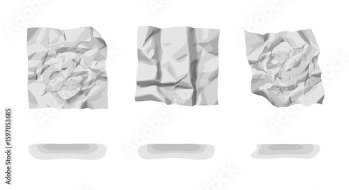 Three crumpled pieces of paper with soft gray shadows underneath each one on a white background scene