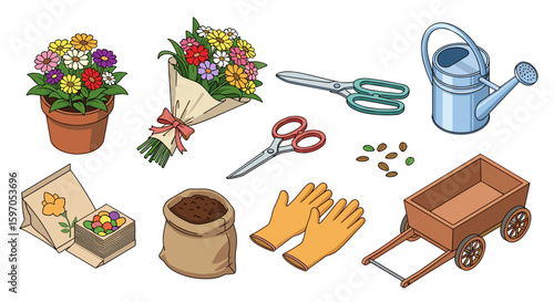 Illustration of gardening tools including flower pot bouquet scissors watering can seeds and more items
