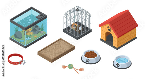 Isometric illustration of pet supplies including a fish tank cage dog house and pet accessories