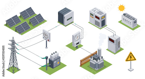 Isometric illustration showing a power generation and distribution system with solar panels and tower