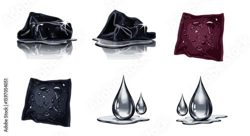 Illustration showing draped black fabric and sealed packets with water droplets and metal water drops on white