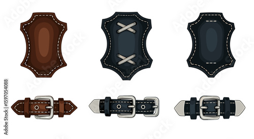 Illustrations of leather straps and buckles in brown black and gray with stitching details and metal accents