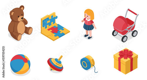 Isometric illustration of a teddy bear puzzle doll stroller ball top yo yo and gift box on white background