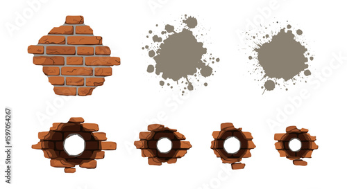 Illustration showing damaged brick walls with holes and paint splatters on a white background scene