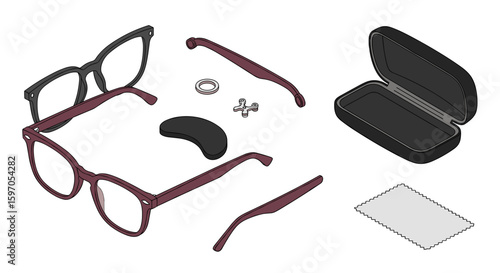 Isometric view of disassembled eyeglasses with case cloth and small parts on a white background