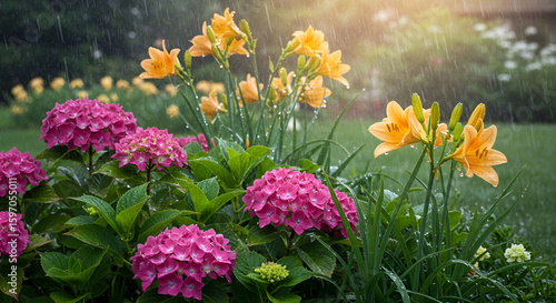 Rain falling on blooming flower bed with visible raindrops
