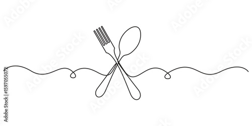 Continuous one line drawing of cutlery. Spoon and fork single line art kitchen equipment vector illustration