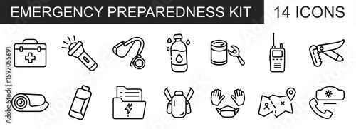 A set of 14 outline icons representing an emergency preparedness kit, featuring essential survival items like a first aid box, flashlight, water, tools, and communication devices.