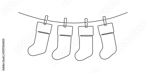 Christmas socks continuous one line drawing. Single line drawing Christmas socks vector illustration