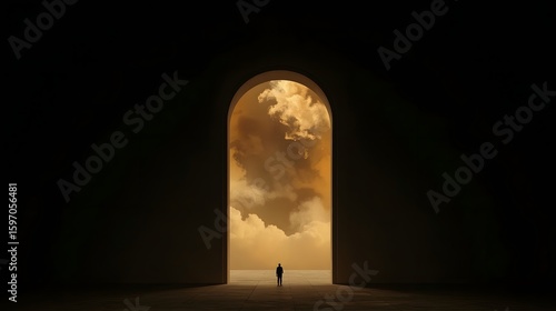 Wallpaper Mural Lone figure stands before a towering arched doorway filled with golden clouds and radiant light, symbolizing transcendence, mystery, and the journey into the unknown

 Torontodigital.ca