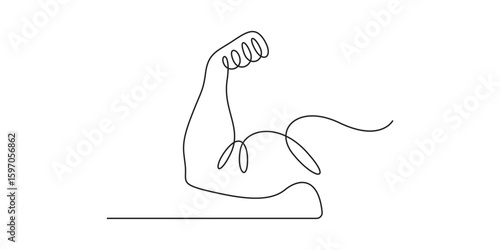 Arm shows bicep fist. Continuous one line illustration, shows bicep single line vector drawing, Man shows bicep fist hand continuous line drawing. Fitness and gym concept. Doodle vector illustration
