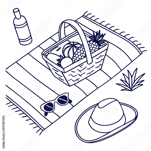 Blue line art picnic basket with fruit bottle sunglasses and hat vector