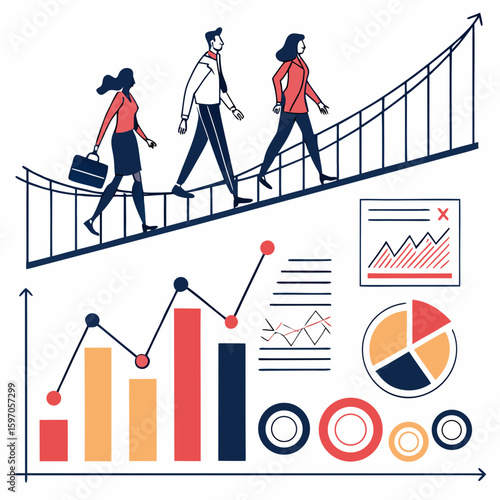 Business people ascend graph bridge with data charts walking