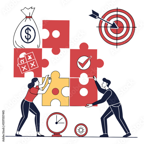 Business teamwork assembling puzzle pieces with money and target strategy success