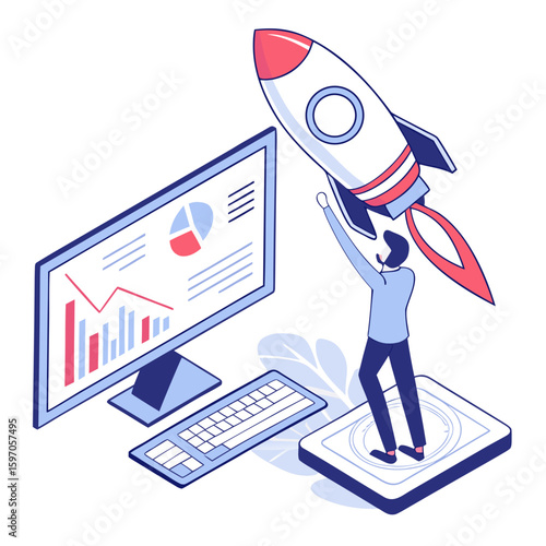 Businessman launching rocket from computer screen technology