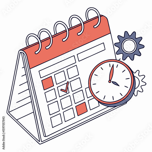 Coral calendar with clock and gears time planning
