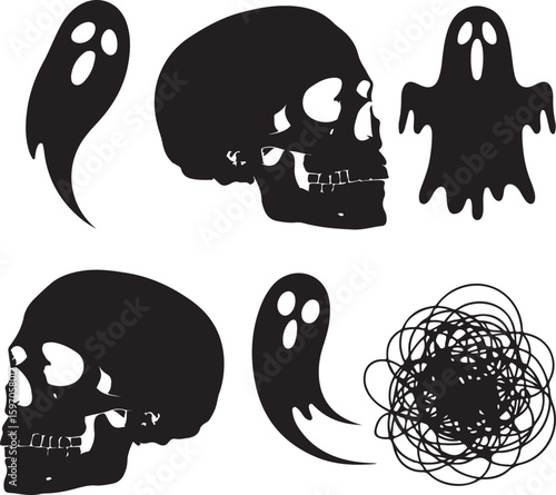 Black skulls ghosts and scribbles spooky Halloween