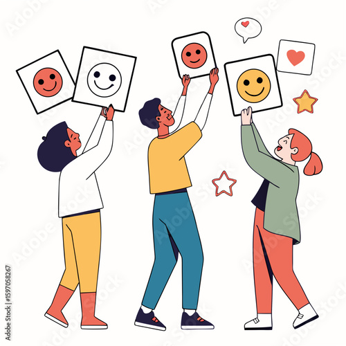 Diverse people holding smiley face and heart cards smiling happy